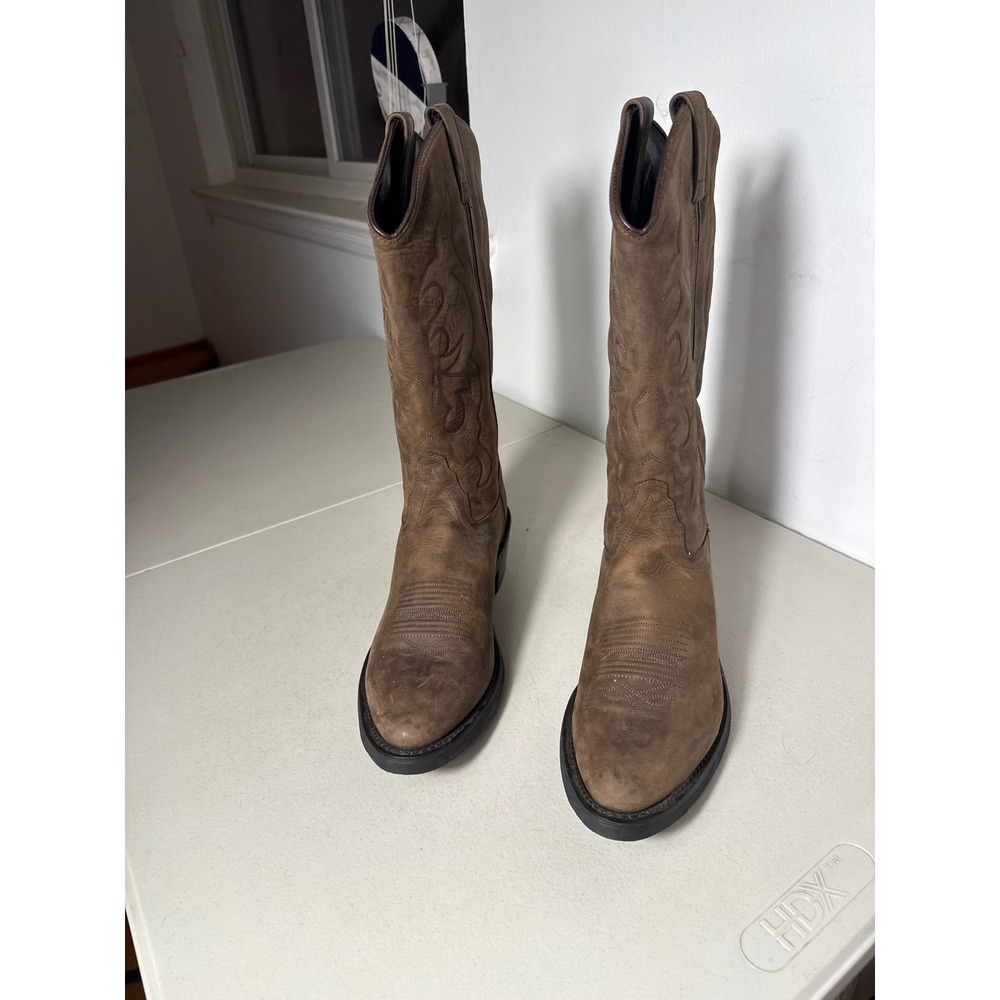 Mens OLD WEST Brown Leather Western Cowboy Boots Stitched Tall Shaft Size 10.D